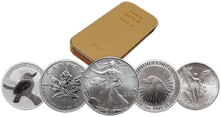 Sztabka złota o wadze 10 gram oraz srebrne jednouncjowe monety